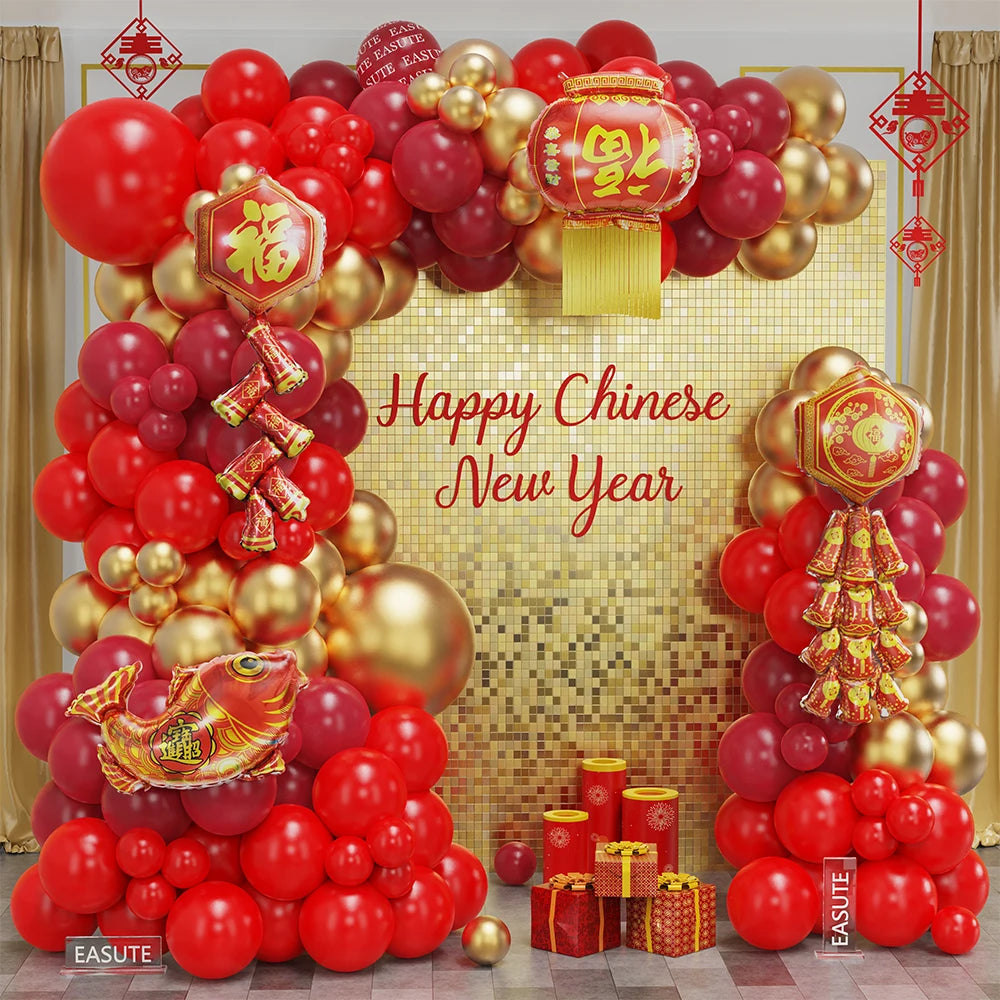 Chinese New Year 2025 Balloon Garland Arch Red Metallic Golden Latex Balloons for Spring Festival Party Lunar New Year Decor