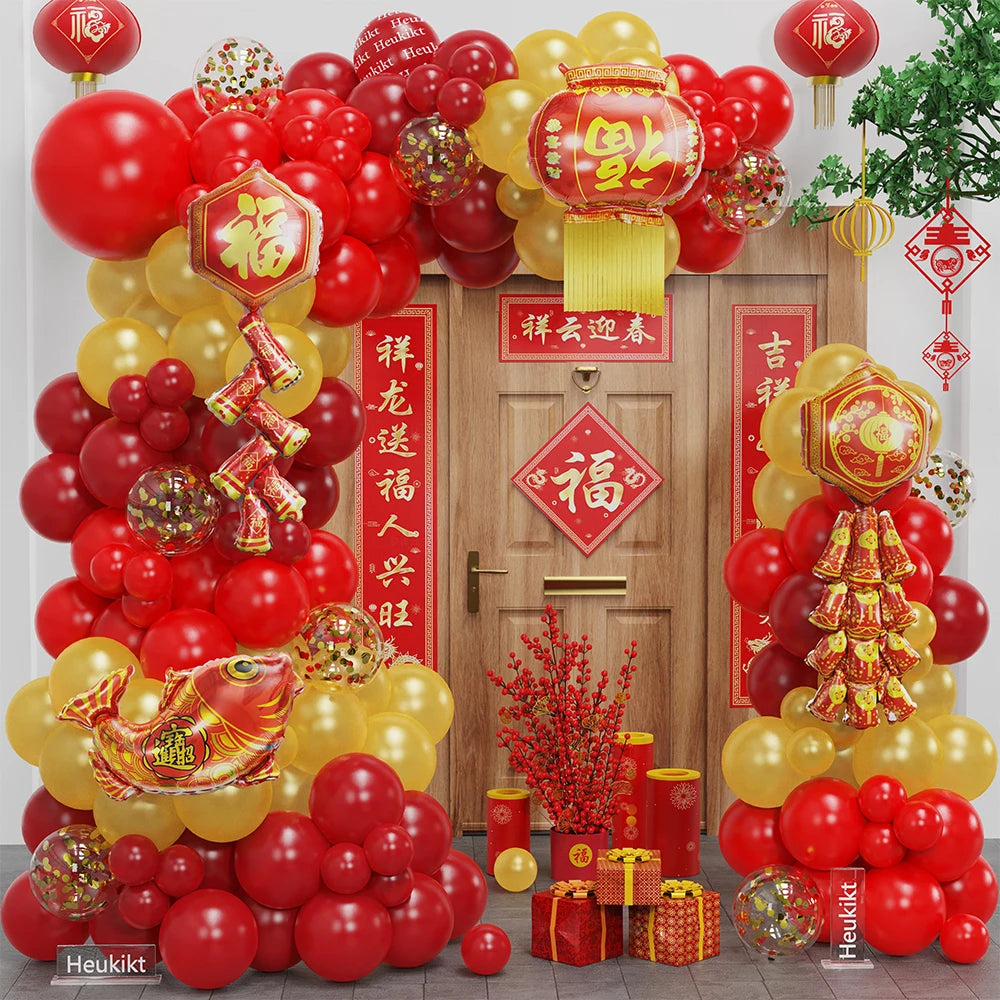 Chinese New Year 2025 Balloon Garland Arch Red Metallic Golden Latex Balloons for Spring Festival Party Lunar New Year Decor